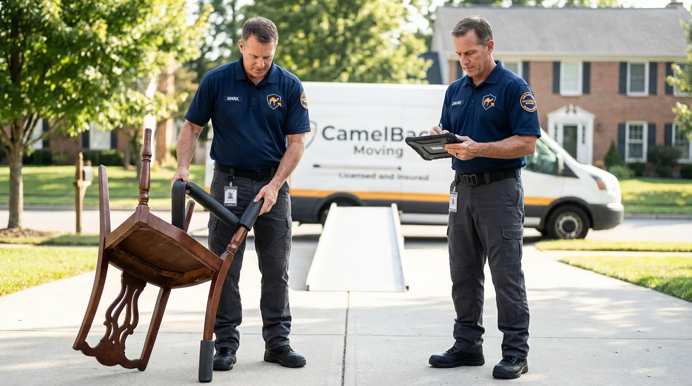 Movers inspecting furniture for damage prevention before loading in Gooding, ID